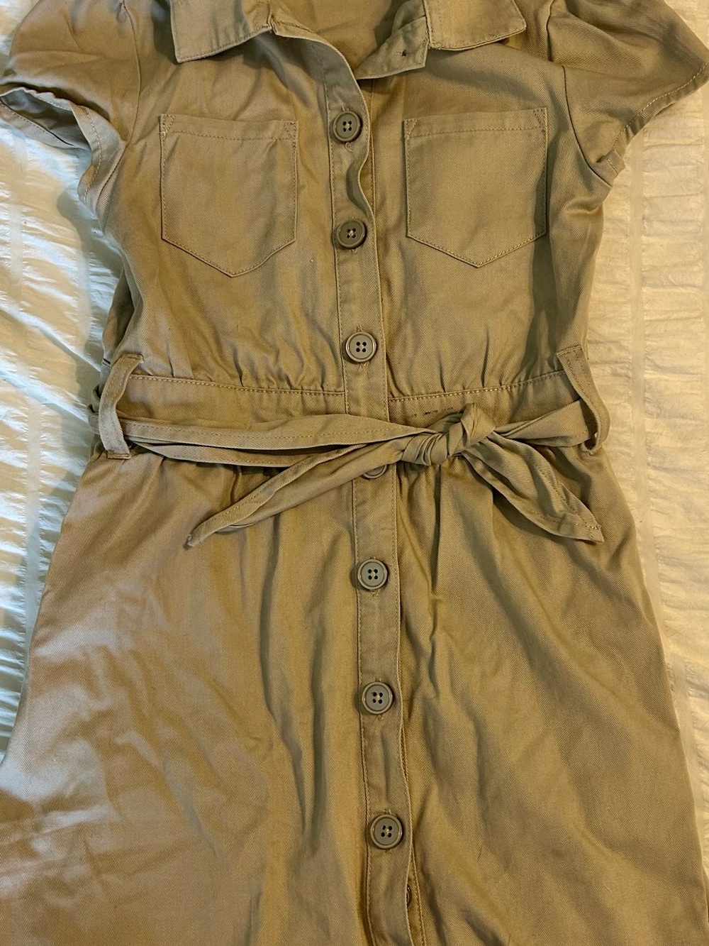 French Toast Taupe Button-Front Shirt Dress with Tie Waist